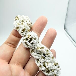 White Beaded Elastic Bracelet with Gold Accents